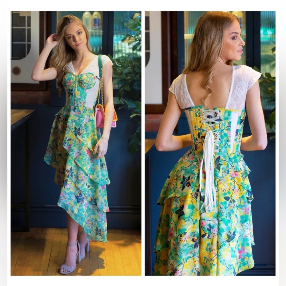 - Corset Story Green Tropical print mesh‎ panelled corset dress. Size 26